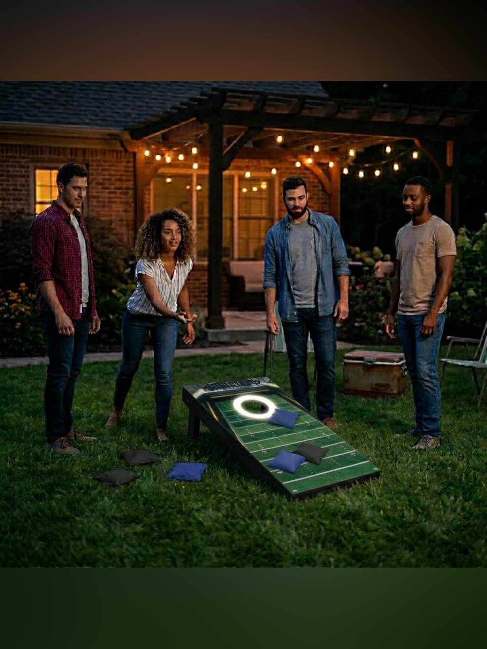 LED Bean Bag Toss Game Set - Green Field with Blue & Black Bags - Picture 2 of 4